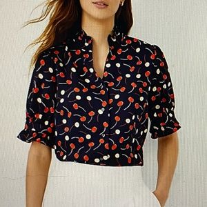 Ann Taylor Cherry Ruffle Button Split Neck blouse